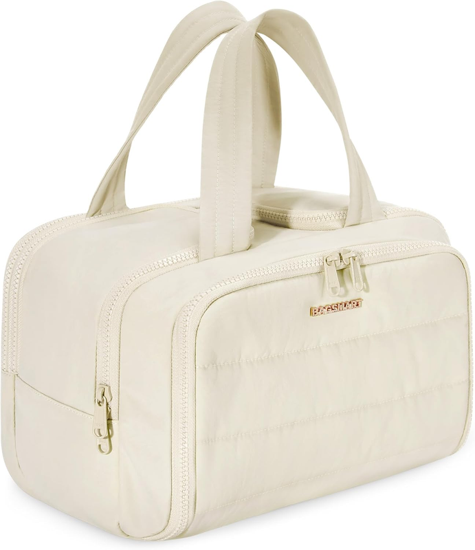 Travel Toiletry Bag Large Wide-Open Puffy Cosmetic Organizer for Women Beige0