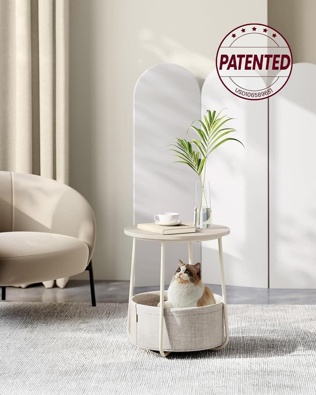 Small Round Side Table Nightstand with Fabric Basket Cream White4