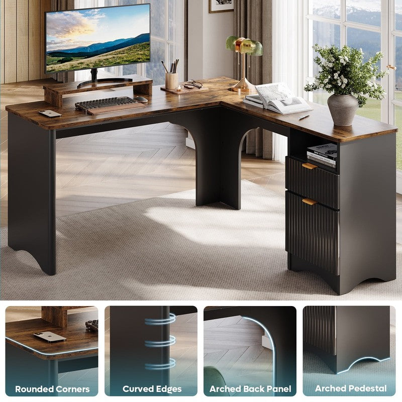55" L-Shaped Desk with Drawers, Monitor Stand & Fluted Panels Black/Rustic1