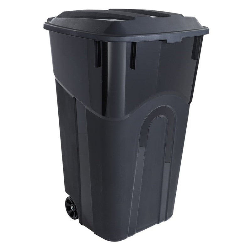32 Gallon Wheeled Heavy Duty Plastic Garbage Can, Attached Lid, Black (2 Pack)1