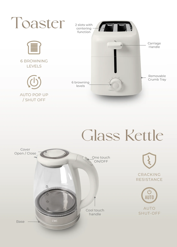 Compact Egg Boiler, Glass Kettle, & Toaster Kitchen Appliance Set, Cream3