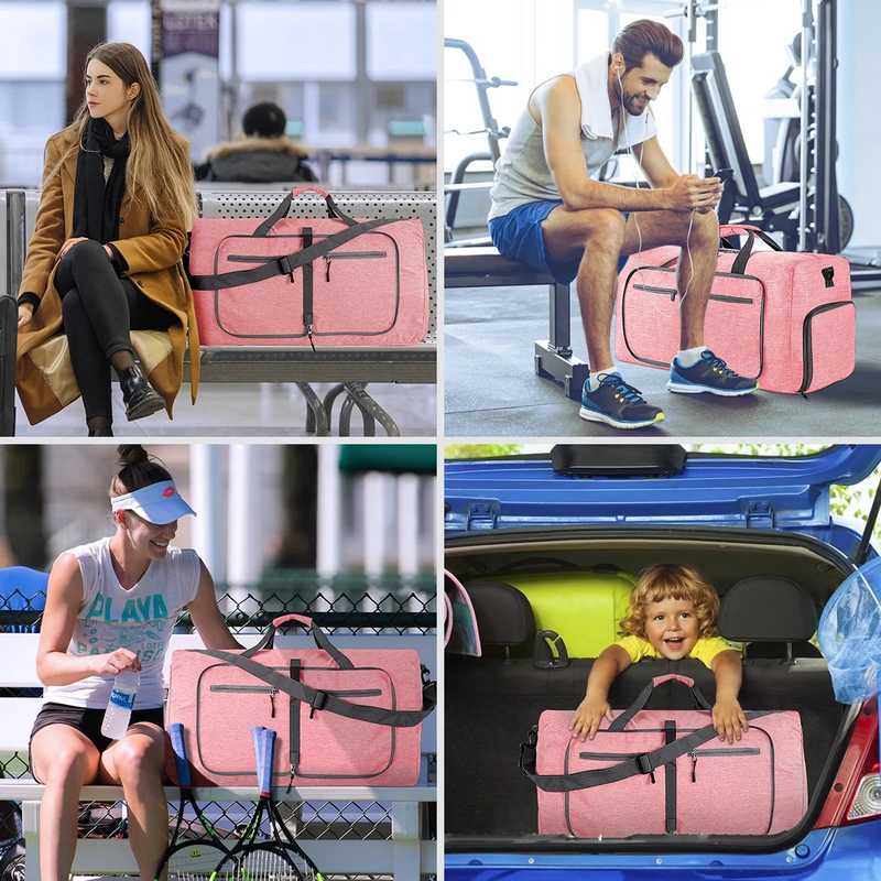 65L Foldable Travel Duffle Bag Waterproof Weekender w/Shoe Compartment Pink7