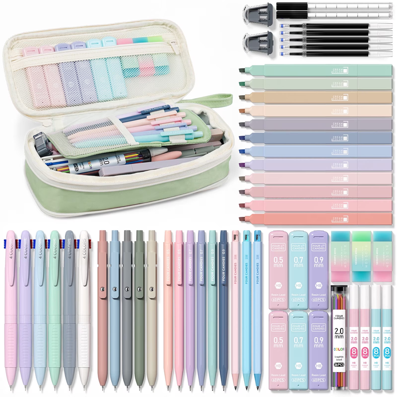 56 PCS Aesthetic Supplies with Pencil Case, 6 Multicolor Pen, 12 Pastel Highligh0