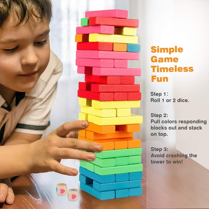 Wooden Blocks Stacking Game with Storage Bag, Toppling Colorful Tower Building B6