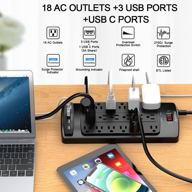 18 Outlets Surge Protector Power Strip - 6 Feet Flat Plug Heavy Duty Extension C1