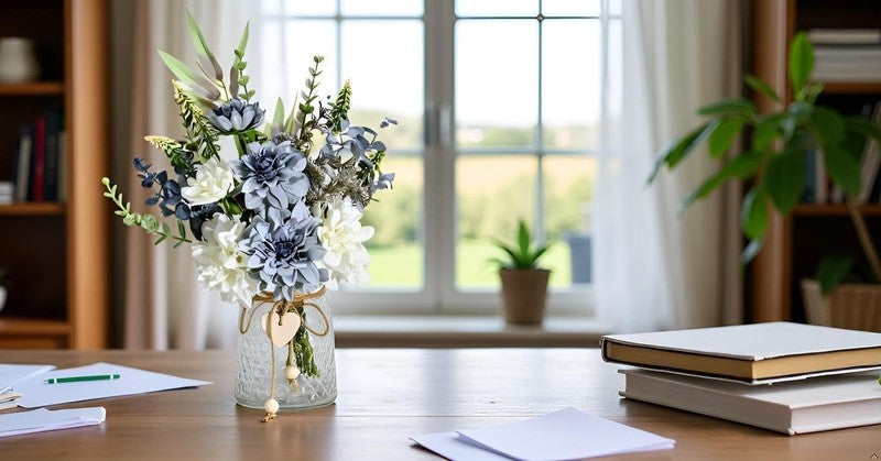 Artificial Dahlia Flowers Blue White with Vase Eucalyptus Table Centerpiece4