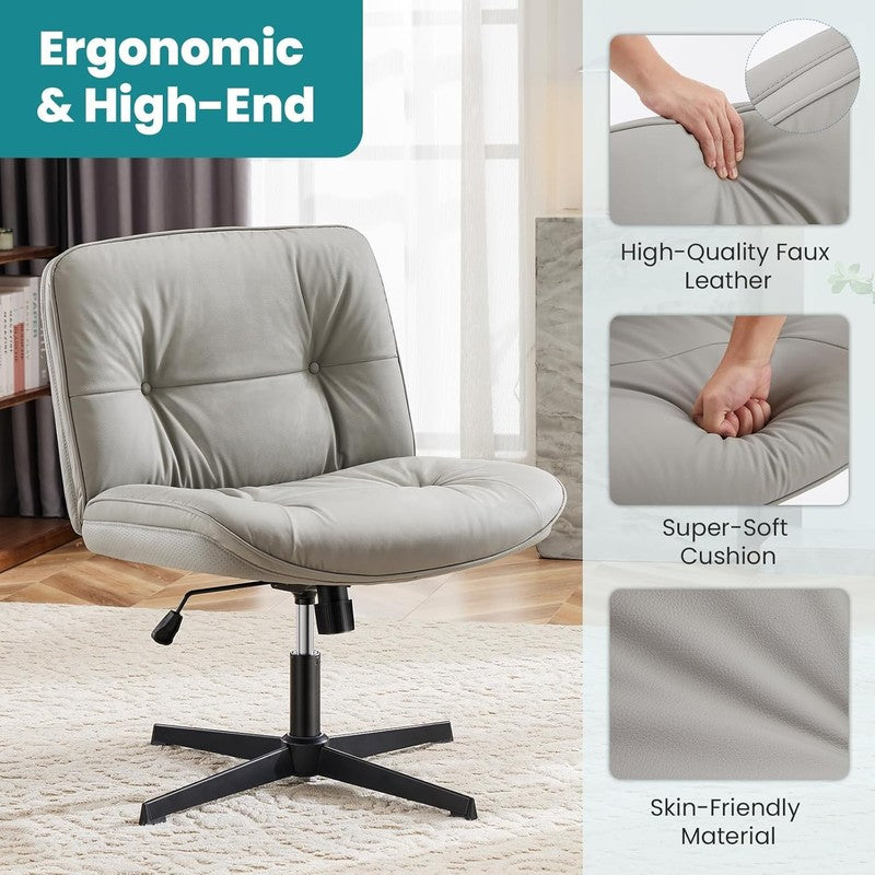Armless Criss Cross Office Chair Gray PU Leather Swivel No Wheels Desk Chair3