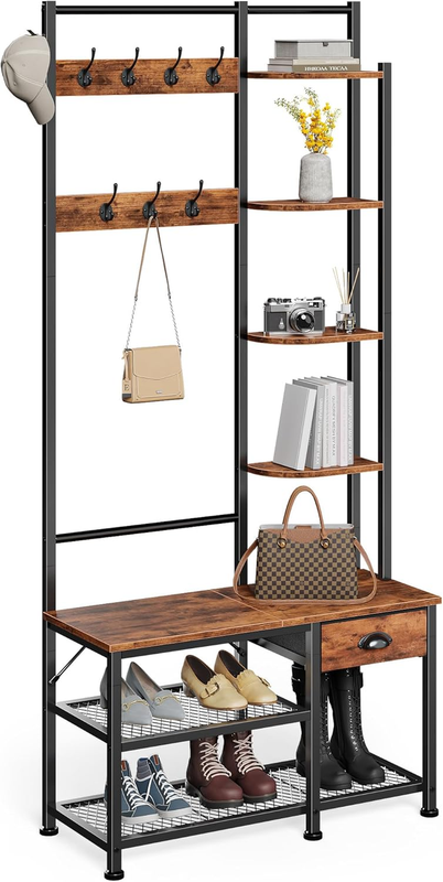 Hall Tree Entryway Bench with Coat Rack & Shoe Storage 4-in-1 Rustic Brown0