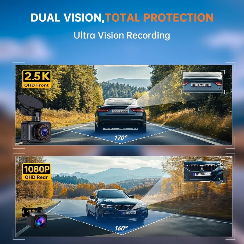 2.5K Dual Dash Cam with Night Vision, 32GB Card, G Sensor, 24 Hour Monitor2