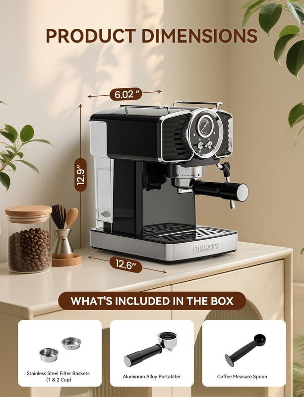 20 Bar Espresso Machine with Milk Frother 61oz Black Retro5