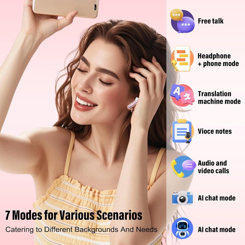 AI Translator Earbuds 164 Languages Bluetooth 5.3 Real Time Rose2