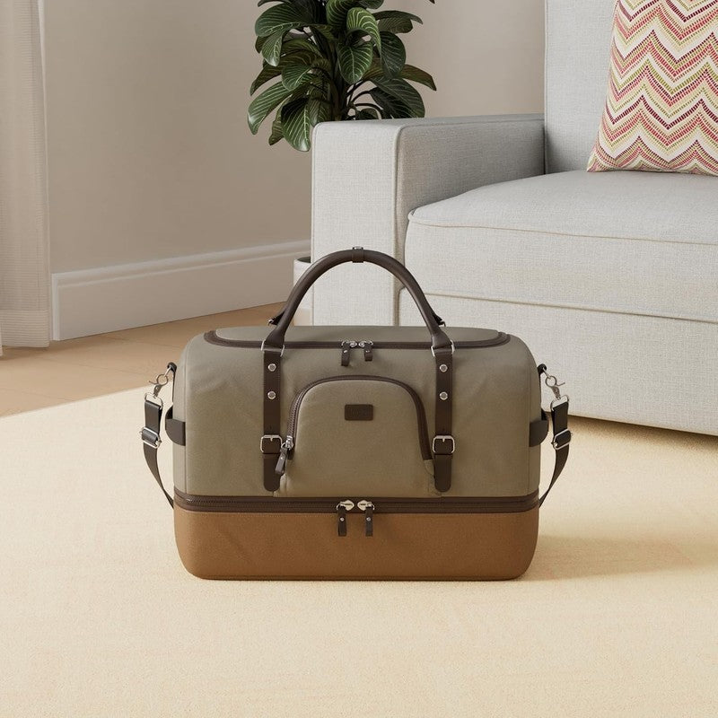 Nerlion Weekender Duffle Bag Green Canvas Leather Carry On Shoe Compartment1