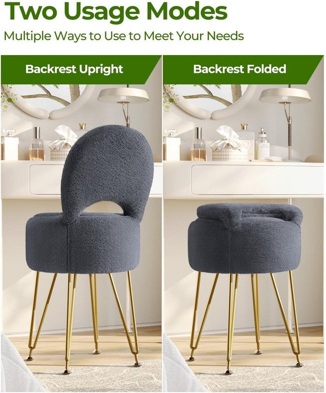 Faux Fur Vanity Stool Chair w/Storage Folding Back Ottoman Grey4
