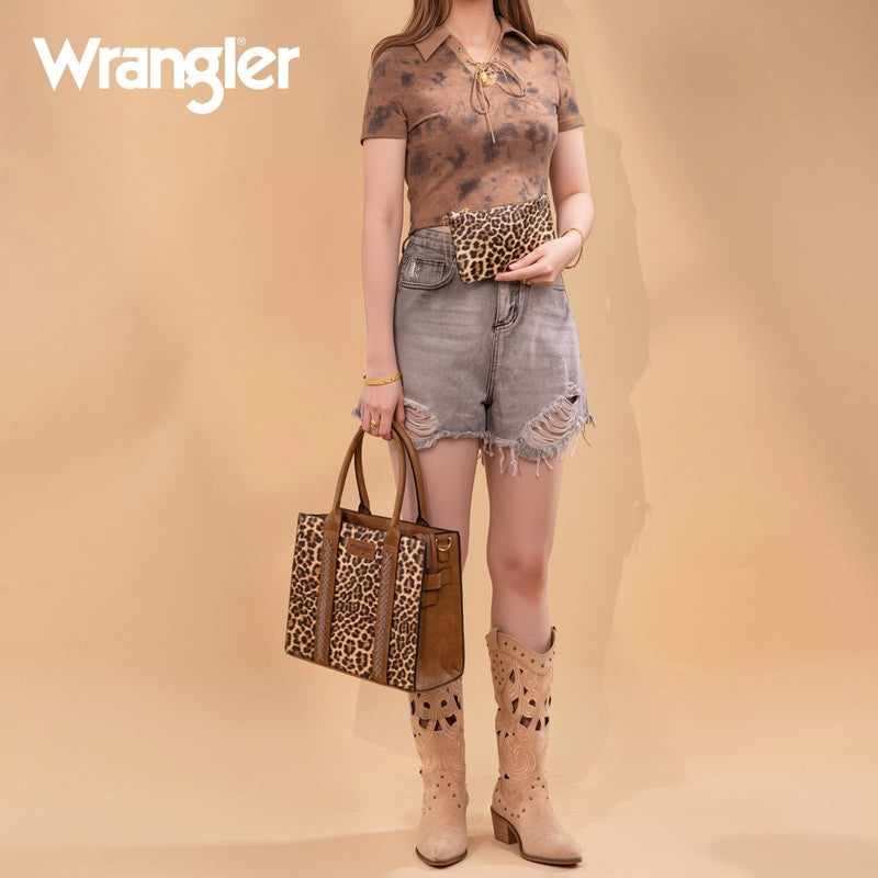 Wrangler 3Pc Handbag Set Tote Crossbody Purse Wallet Leopard Brown2