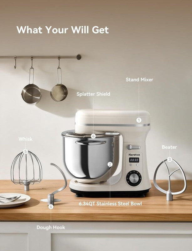 400W Stand Mixer 6.34QT 6+P Speed w/ Dough Hook Whisk Beater LED5