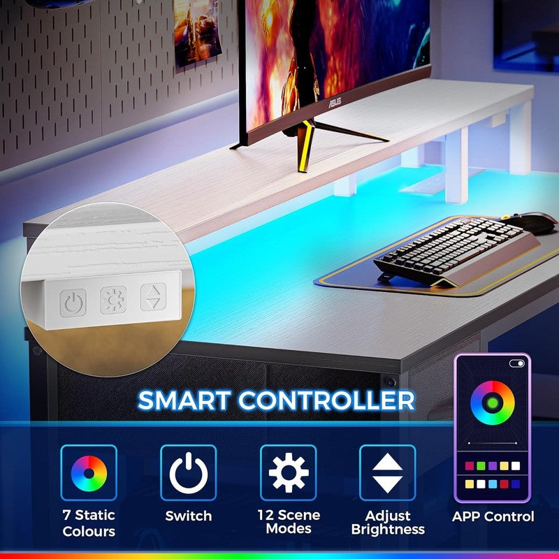 53'' Reversible L Shaped Desk LED Lights Power Outlets Gaming White4