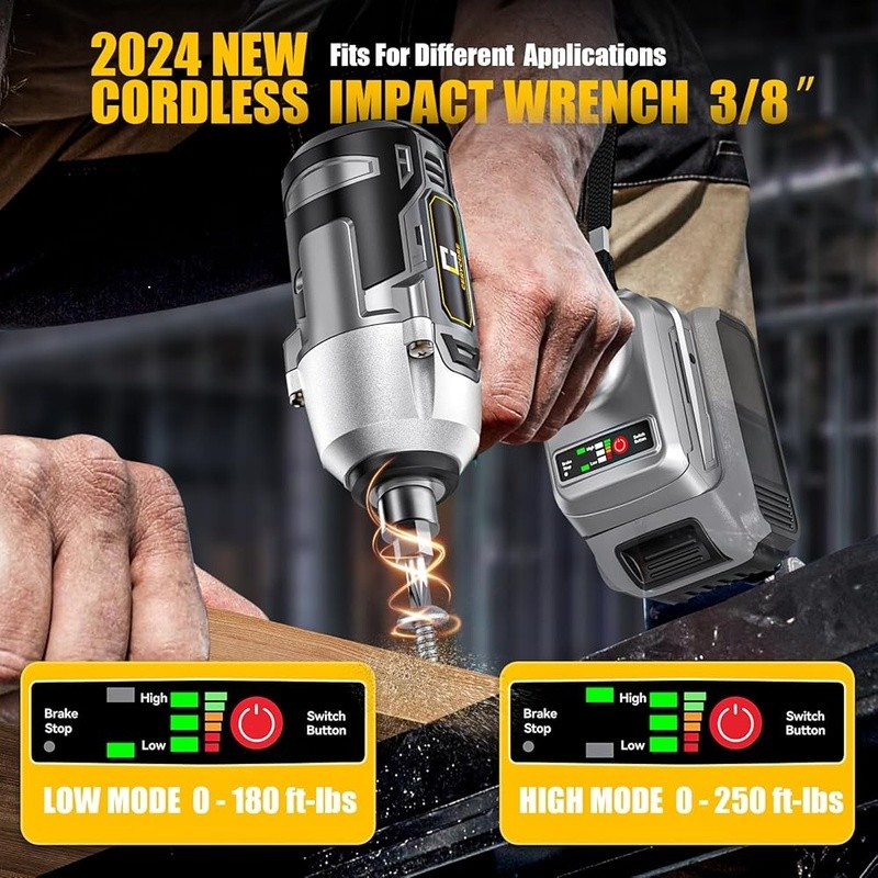 Cordless Impact Wrench 3/8 Inch 250FT-LBS Brushless Electric Tool LED Light New3