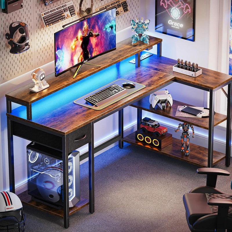 53'' Reversible L Shaped Desk LED Lights Power Outlets Gaming Rustic1