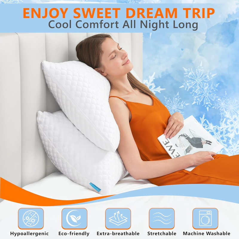 Cooling Pillows Queen Size Set of 2, Memory Foam Pillows with Zipper, Firm Bed P1
