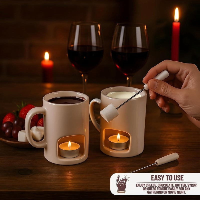 2 Pack Mini Fondue Mug Set, Ceramic, 4 Forks, 8 Candles, Chocolate/Cheese Gift3