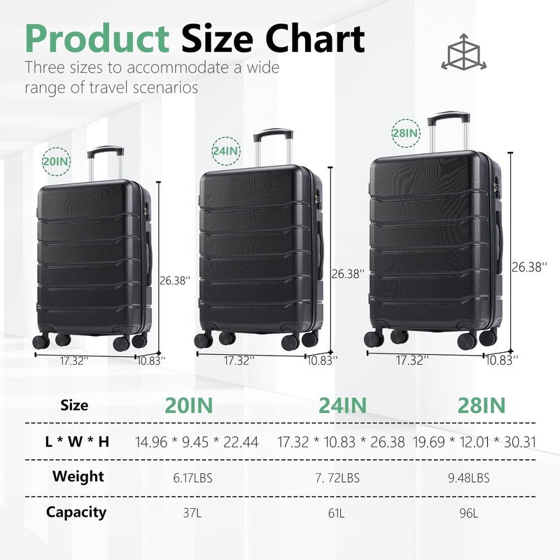 3-Piece Hard Shell Luggage Set ABS Expandable Spinner TSA Lock Black7