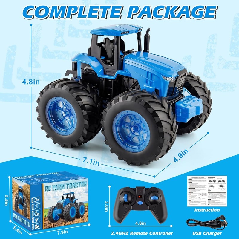 Remote Control Tractor Toys, Light up Farm Monster Trucks Toy for Boys 3, 4, 5, 5