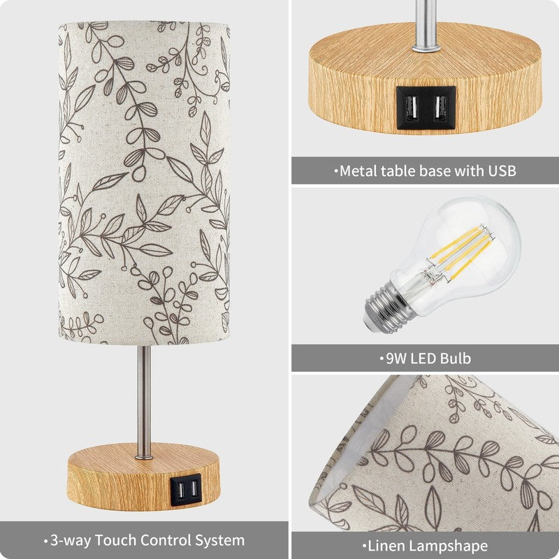 15" 3 Way Dimmable Table Lamp w/ USB Leaf Print Touch Control Bedside Lamp8