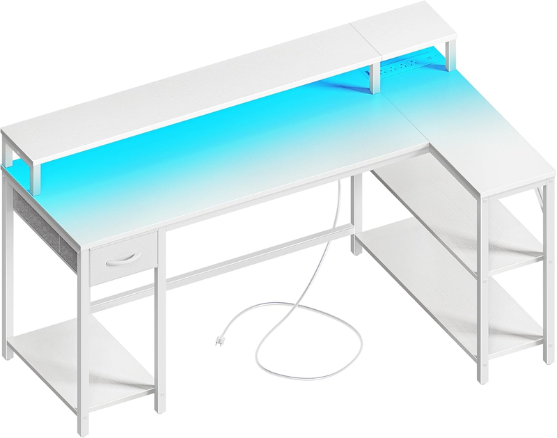 53'' Reversible L Shaped Desk LED Lights Power Outlets Gaming White0