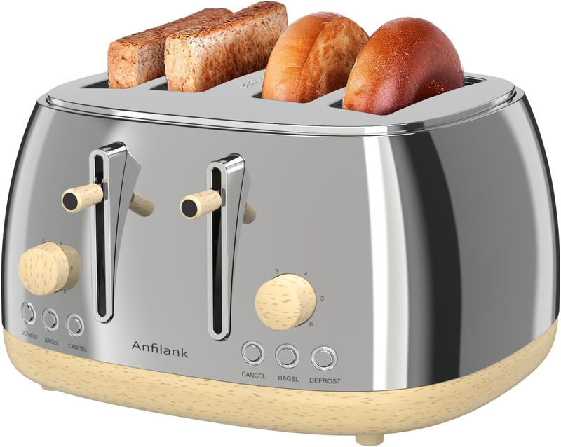 Retro 4 Slice Toaster Stainless Steel Extra Wide Slots Dual Control Bagel Silver8