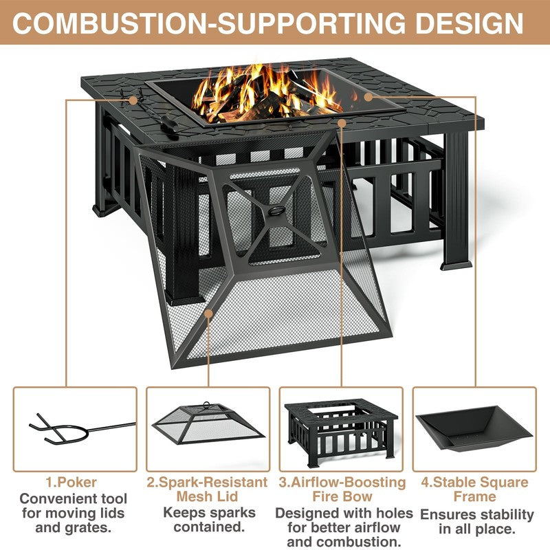 32" Wood Burning Fire Pit Table Square Metal w/ Mesh Lid, Poker, Cover, Black6