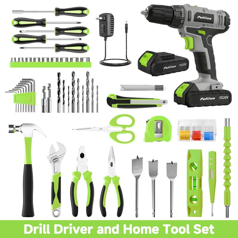 20V Cordless Drill Driver Kit 238Pc Home Tool Set 2 Batteries 21+1 Torque Green1