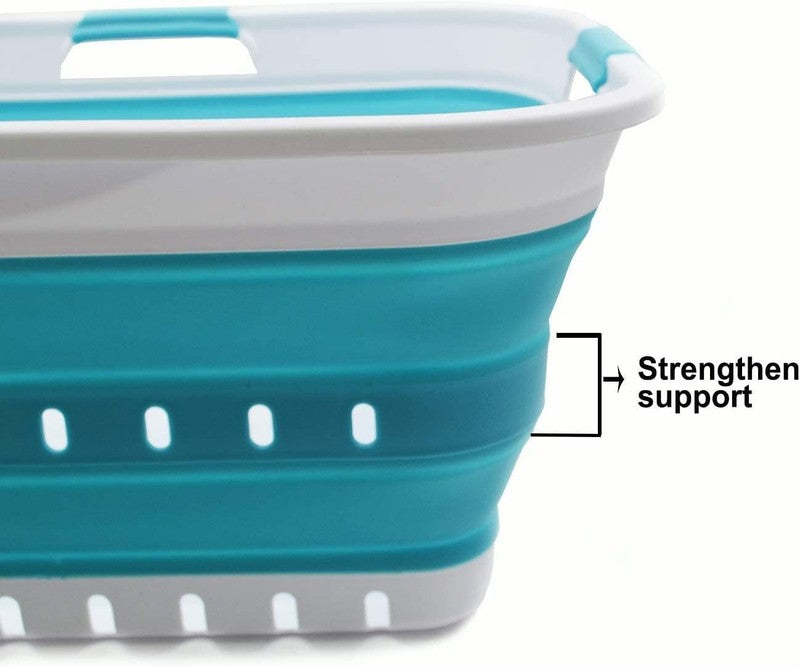 42L Collapsible Plastic Laundry Basket White/Bright Blue Foldable Hamper3