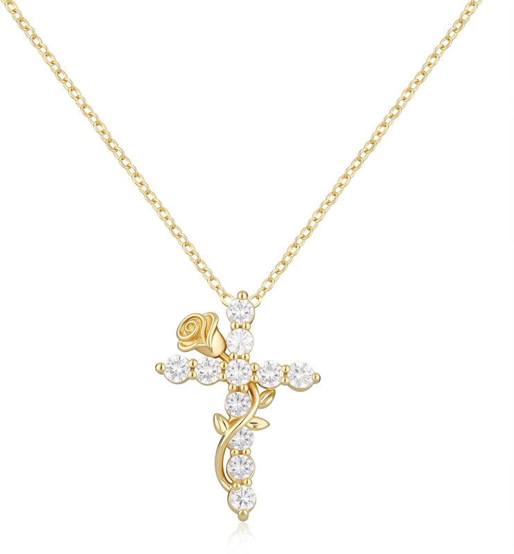 14K Gold Plated Cross Necklace Women Dainty Rose Flower Pendant0