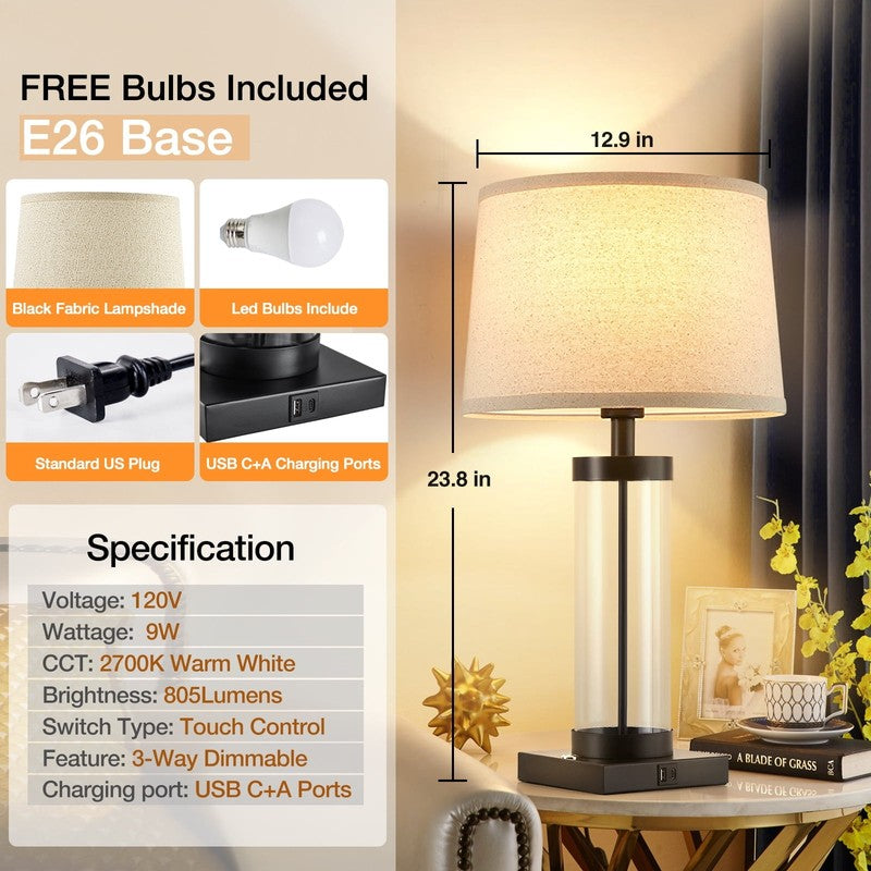 Dimmable Glass Table Lamps Set of 2 with USB Ports for Modern Living Room5