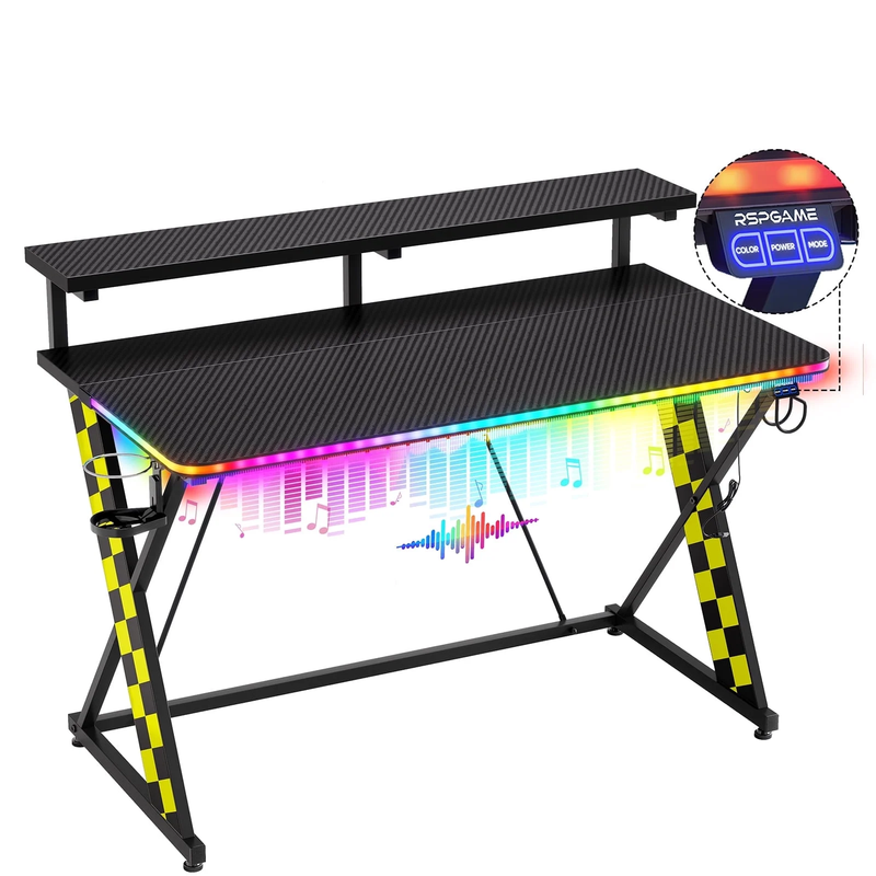 43" X-Shaped Gaming Desk Music Sync LED with Monitor Stand Yellow Racing0