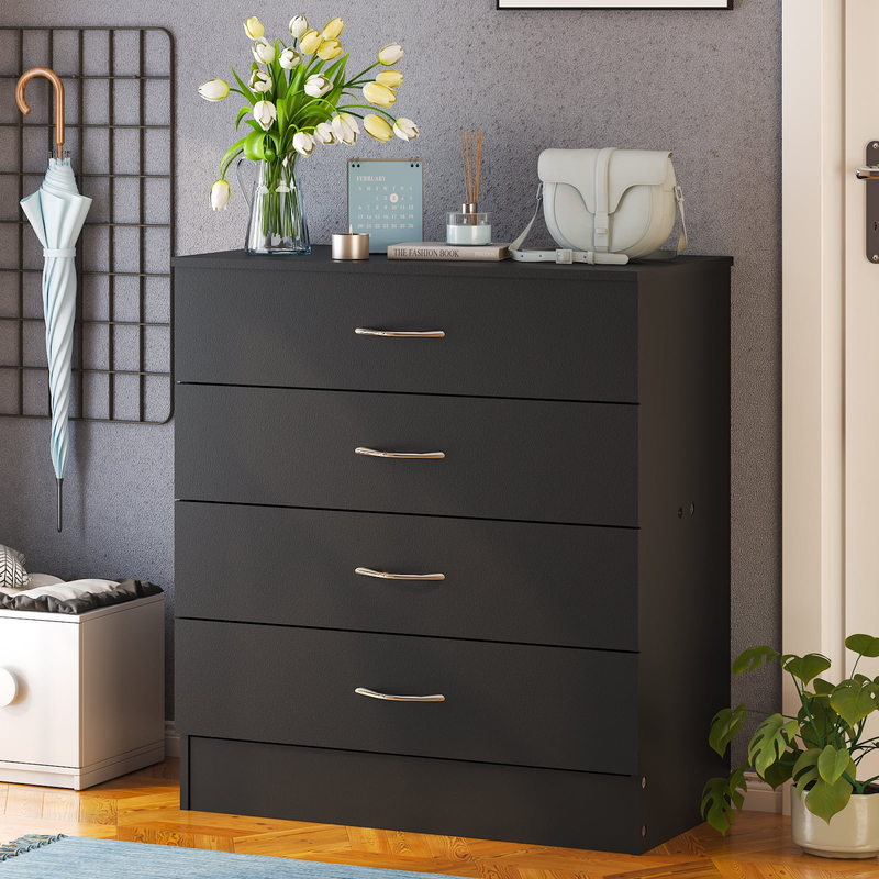 Black Chest of Drawers Dresser Wood Organizer Cabinet, 4 Drawer Nightstand Side7