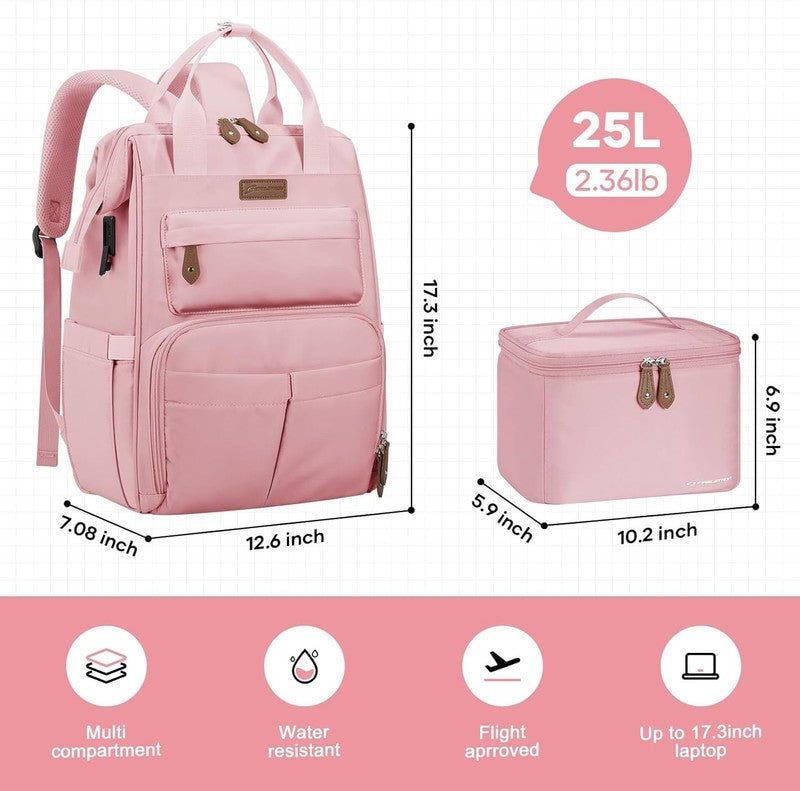 Travel Laptop Backpack 15.6 17.3" Nurse Work Bag w/ Lunch Box Pink1