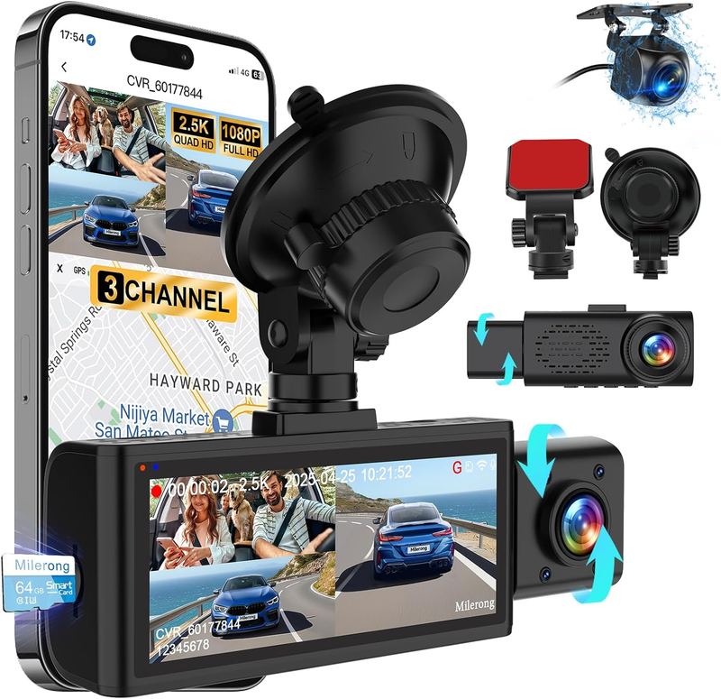 3 Channel Dash Cam Front Rear Inside 2.5K WiFi Car Camera IR Night 64GB Card0
