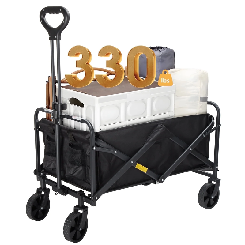 330LBS Foldable Wagon Cart, Heavy Duty Beach/Camping, Big Wheels   Black0