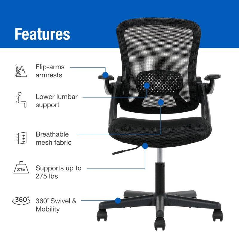 Ergonomic Mesh Back Office Chair with Flip up Arms for Adults, Black Fabric, 2757