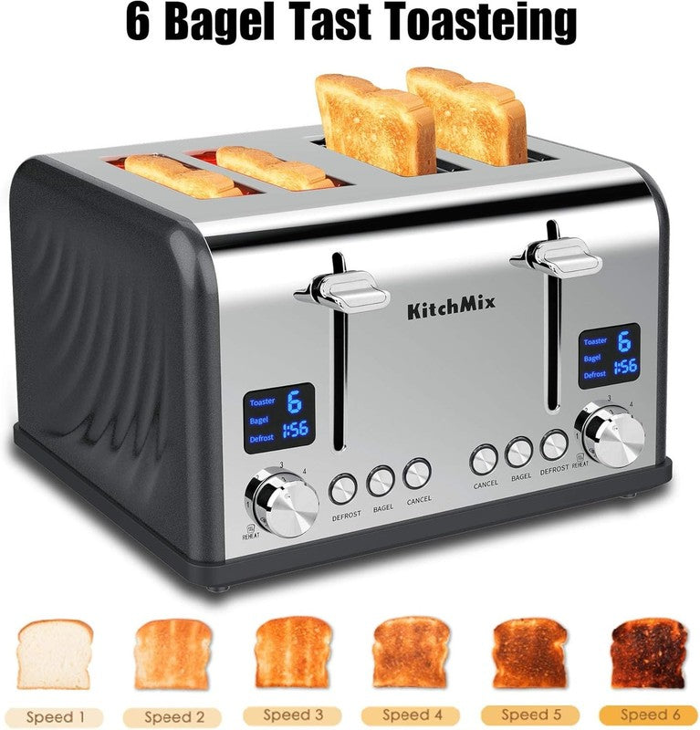4 Slice Toaster Gray - Stainless Steel, LCD Timer, Wide Slots, Dual Screen1