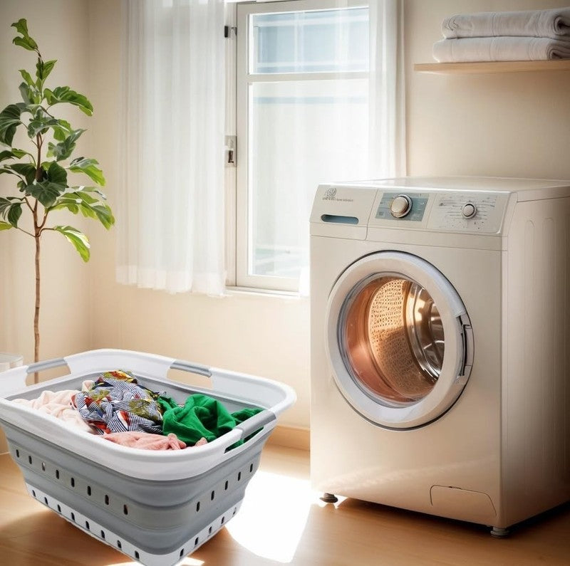 42L (11 Gal) Collapsible Plastic Laundry Basket White/Grey Foldable Hamper1