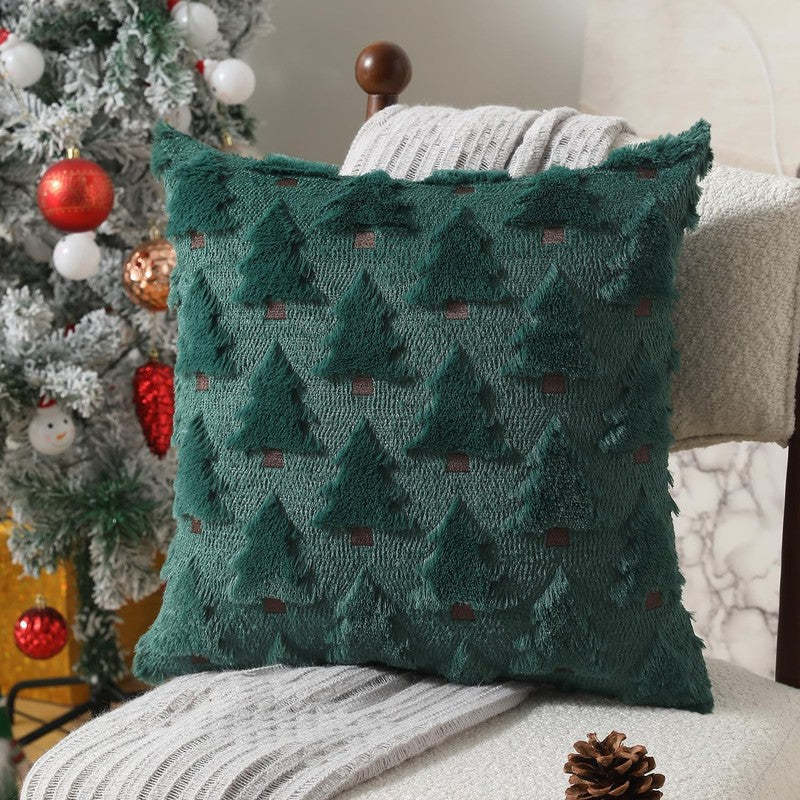 Christmas Pillow Covers 18"x18" Set of 2 Green Plush Faux Fur Tree Holiday Decor2