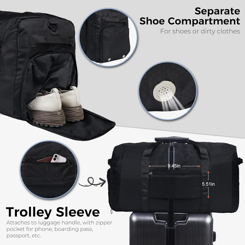 65L Travel Duffel Bag Foldable w/ Shoe Compartment Water Resistant Gray4