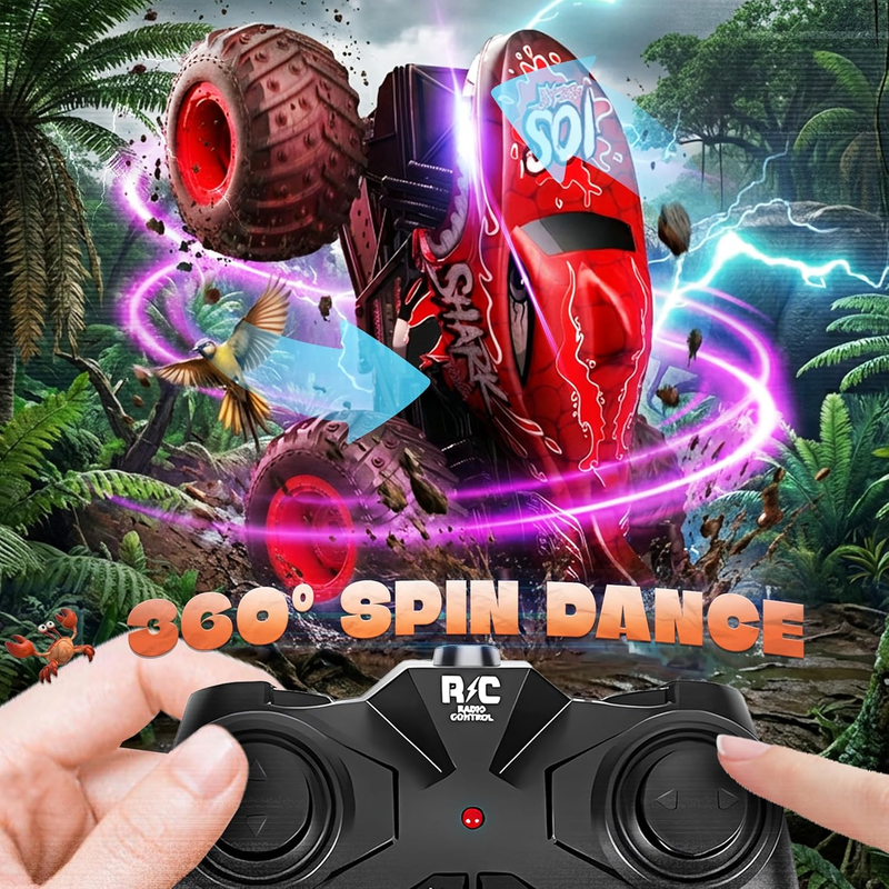 RC Monster Truck Toy Dinosaur Car 1:20 Scale Light Music 3° Spin Drift Red1