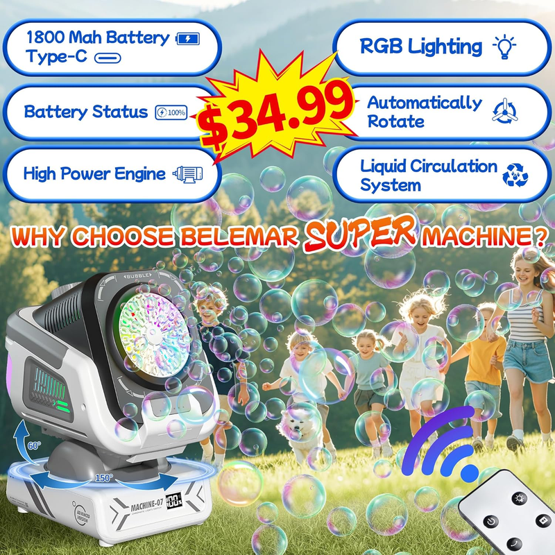 2025 Upgraded Bubble Machine with Remote Control, Automatic Rotation & RGB Light2