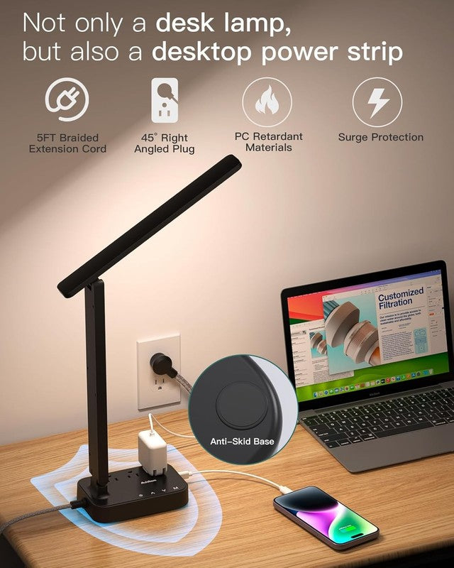 LED Desk Lamp, Power Strip with 3 Outlets 4 USB Charging Ports(2 USBC), 4 Modes 5
