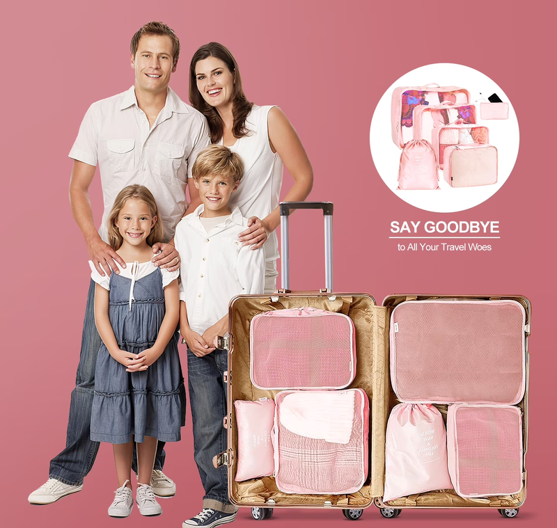 Packing Cubes 9 Set Travel Organizers Clothes Shoes Toiletry Bag Pink6