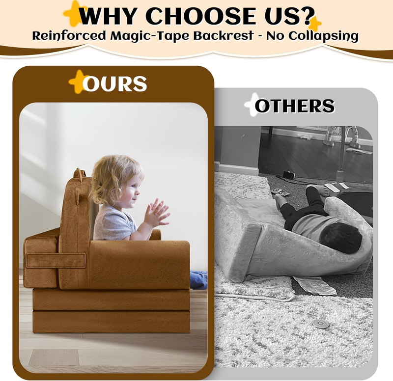 Kids Foldable Sofa Bed w/ Washable Cover, Crystal Velvet Toddler Chair Brown5