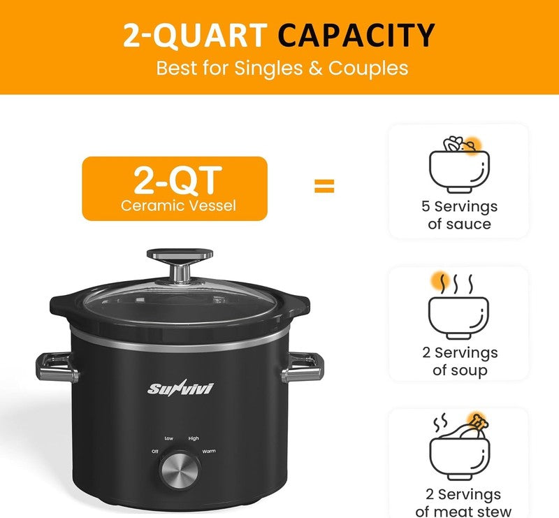 2Qt Slow Cooker Small Removable Ceramic 3-Setting Black Food Warmer8
